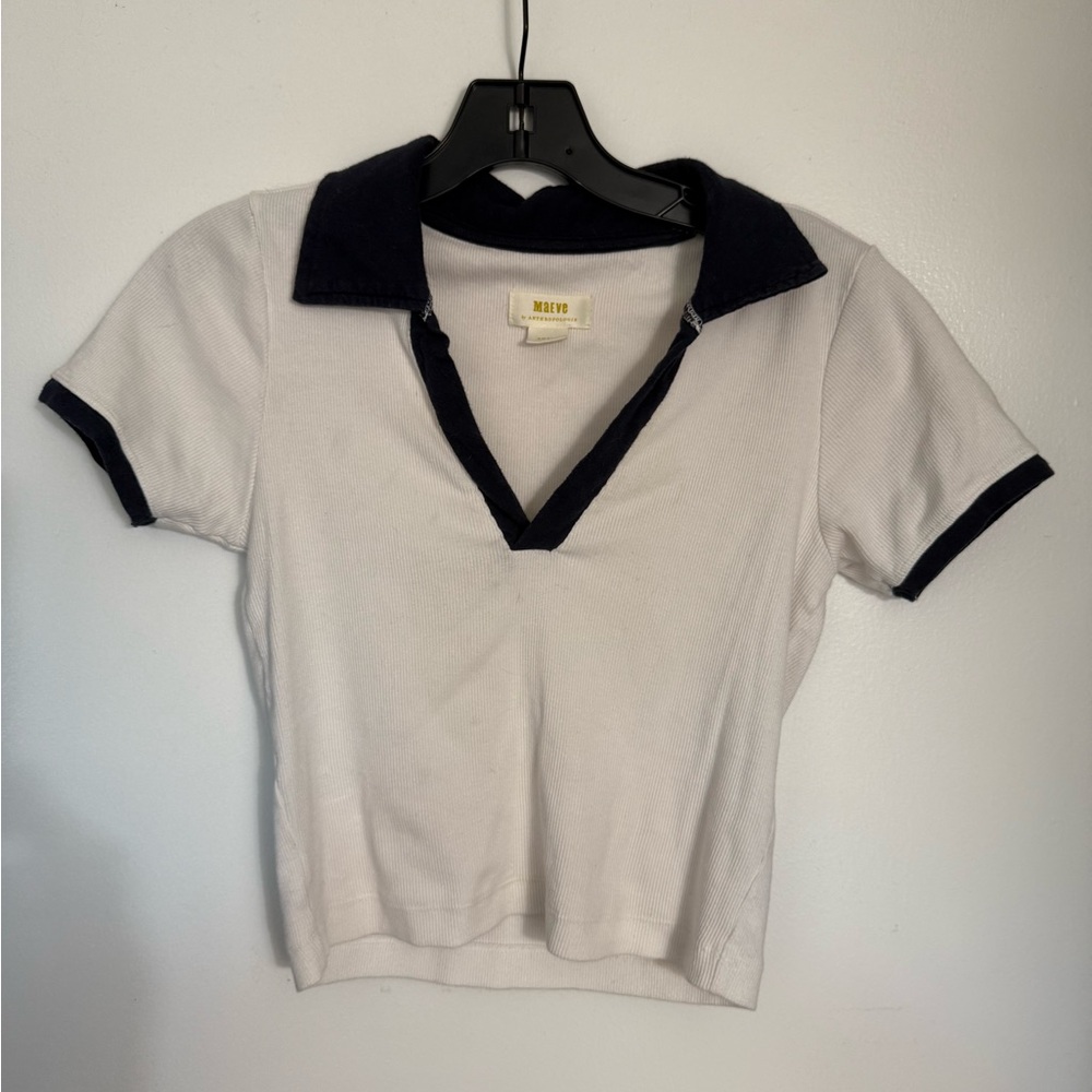 Anthropologie White and Black Short Sleeve Polo Top